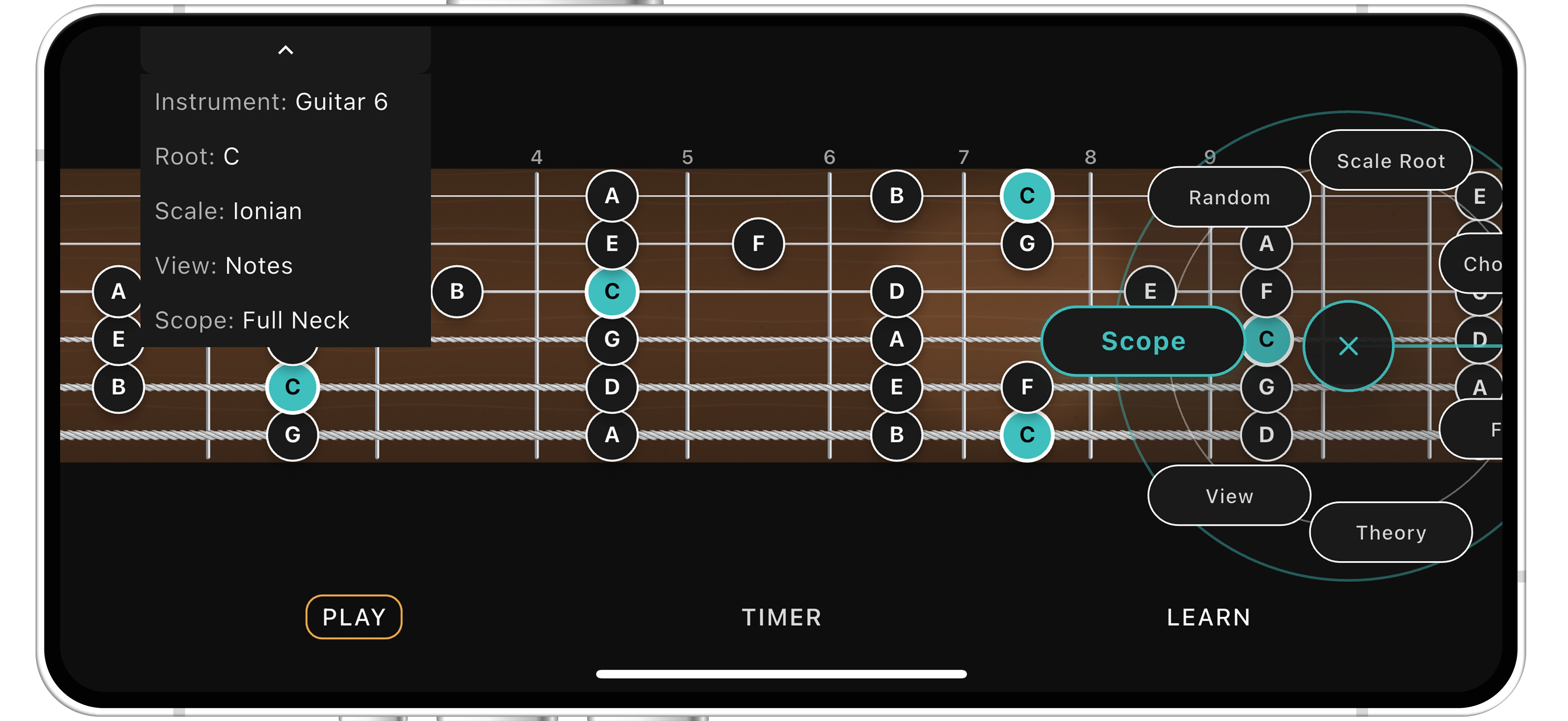 SQNTIAL showing notes across a guitar fretboard with exploration controls.