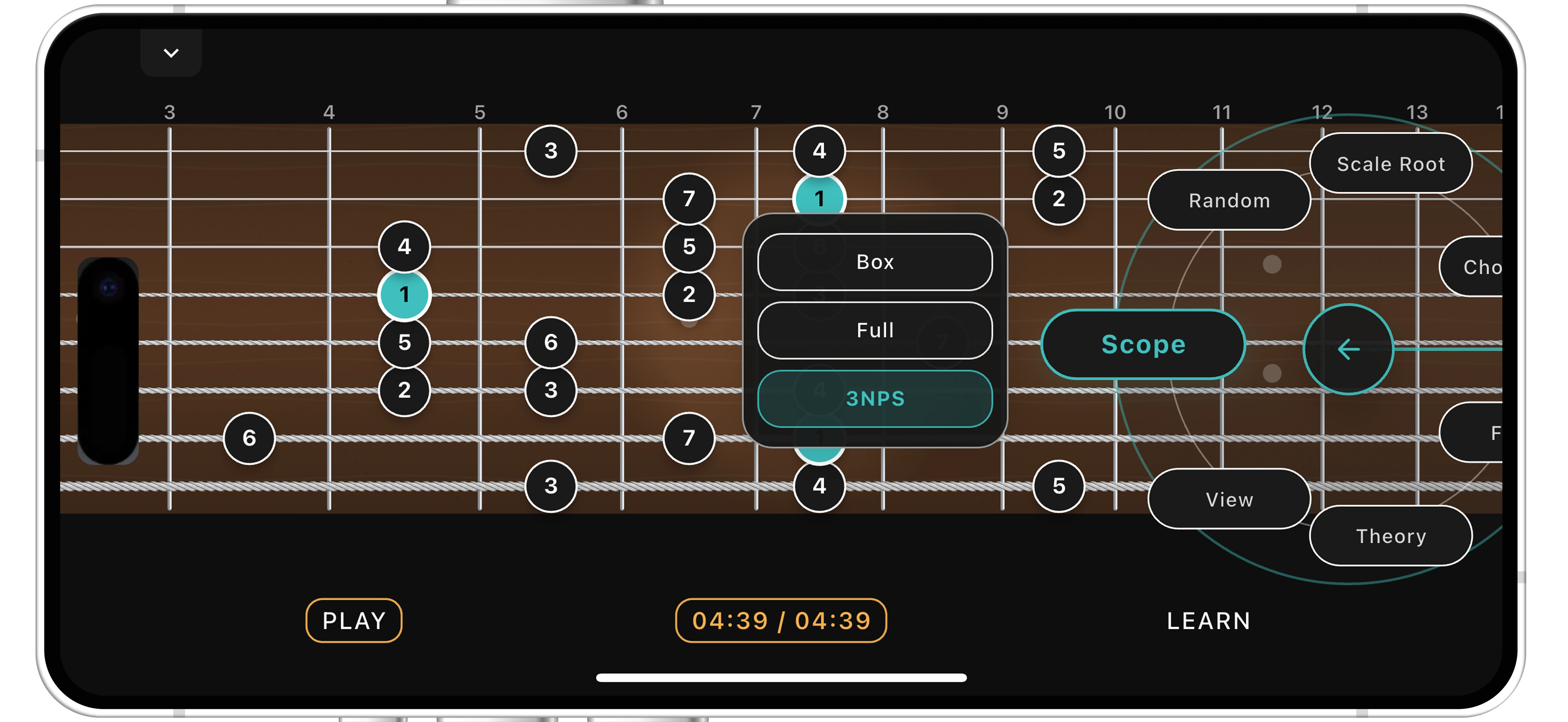 SQNTIAL showing a three-note-per-string scale view on an extended-range fretboard.