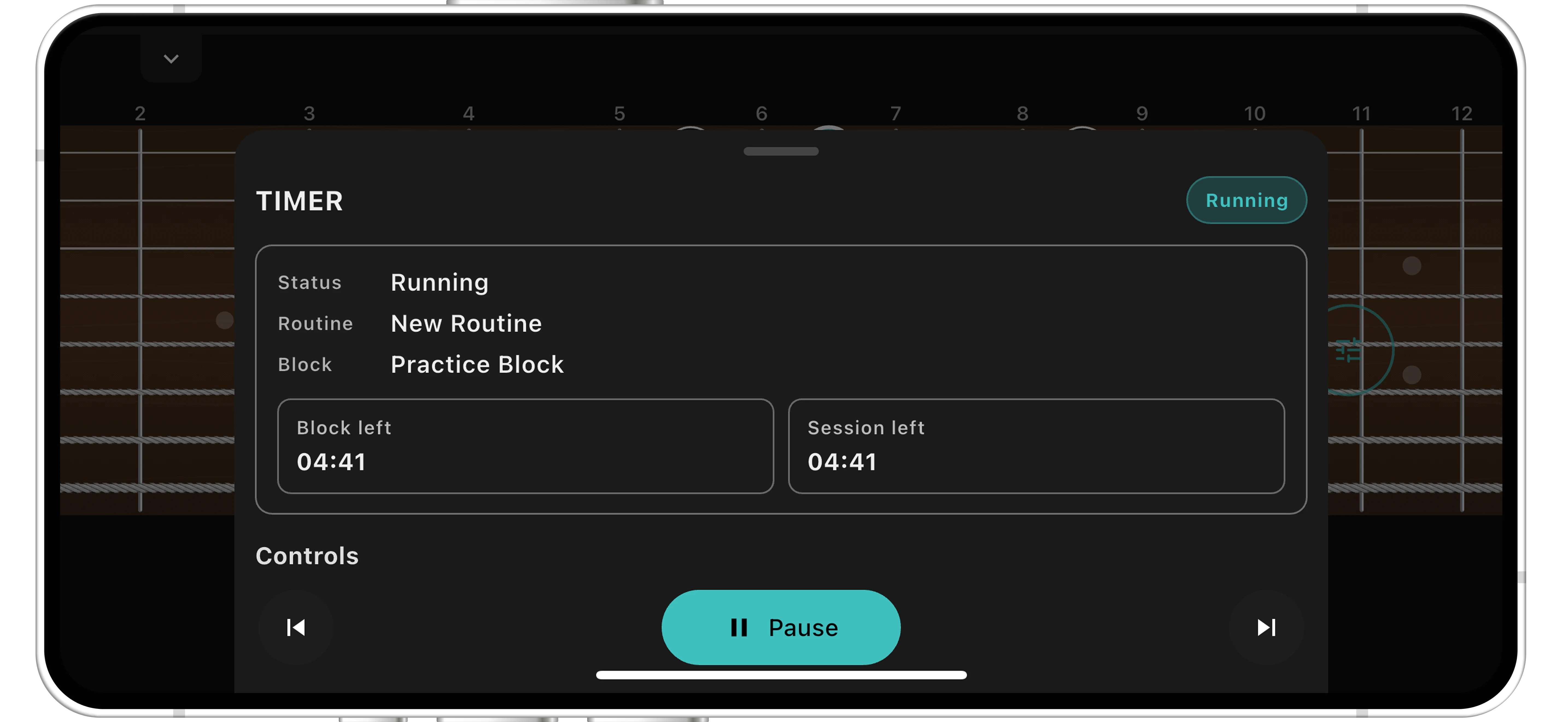 SQNTIAL practice timer showing a running practice block and session controls.