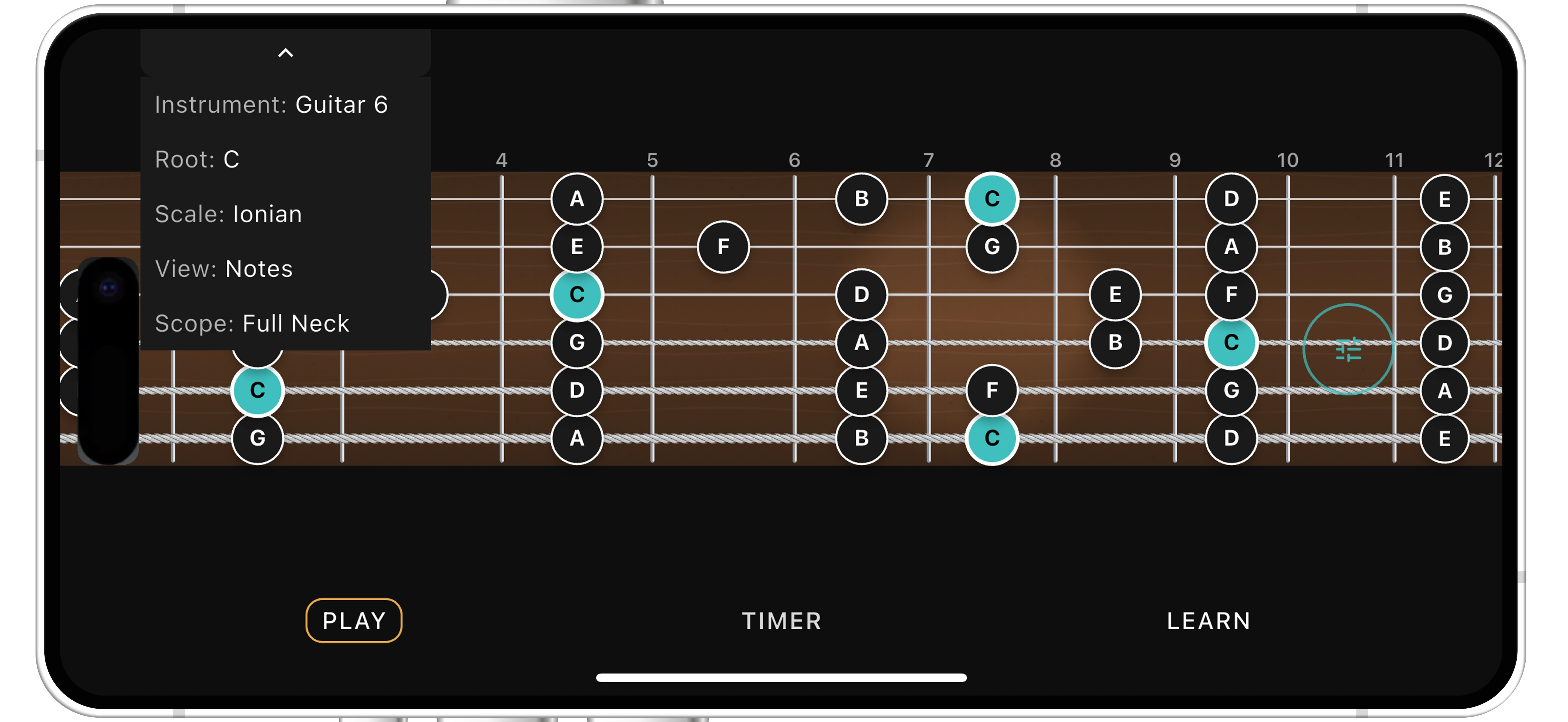 SQNTIAL visualising C Ionian notes across a six-string guitar fretboard.